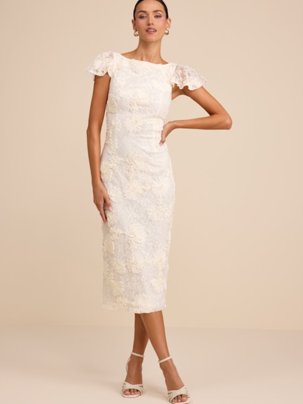 Lulus Kenna Ivory Lace Flutter Sleeve Midi Dress White - Size M